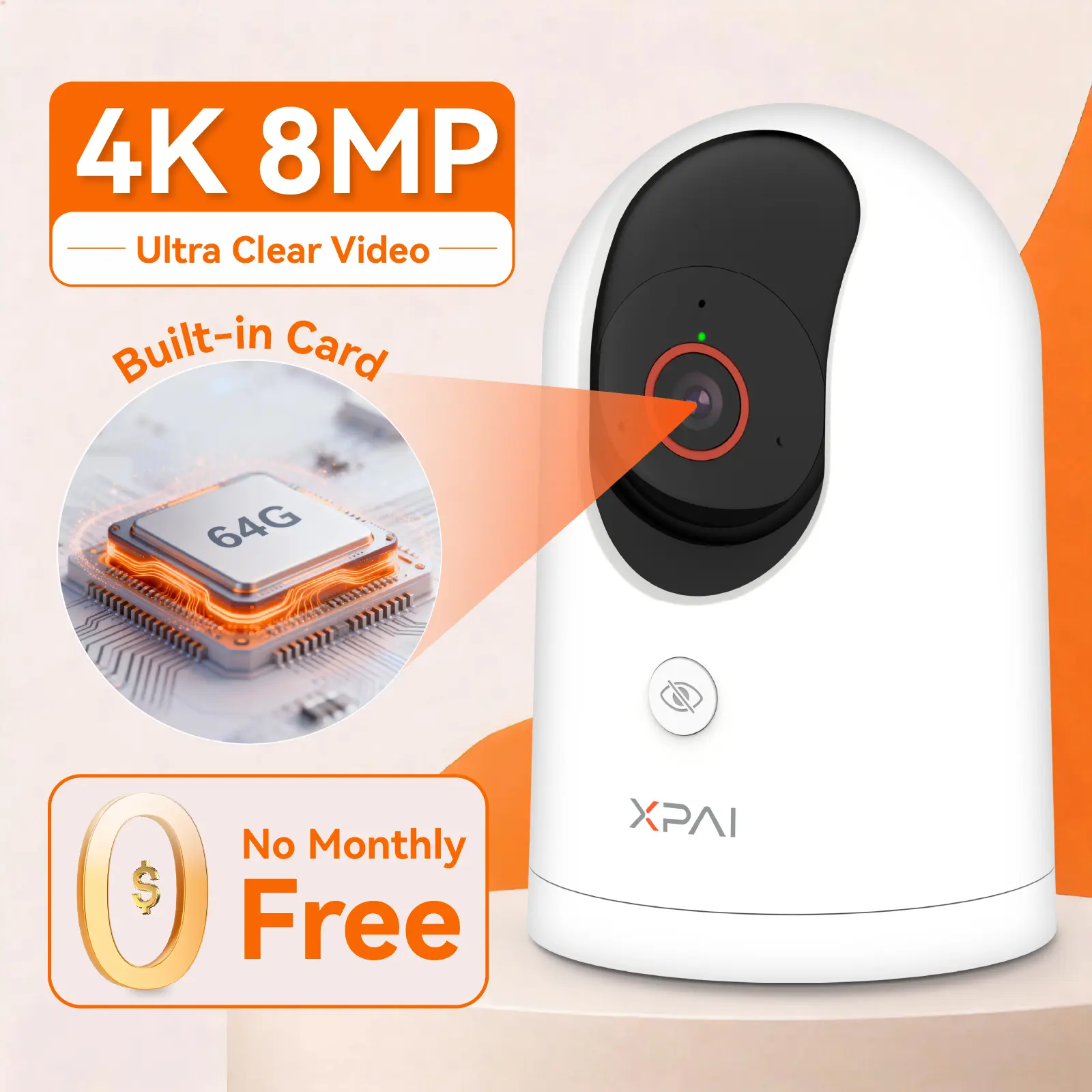 【EMMC storage - NO Subscription】XPAI H80X 4K Security Camera with 64G Built-in Storage 5G No Monthly Fee Indoor Baby Pet Dog Monitor 360-Degree Night Vision Pan-Tilt Cry Detection 2-Way Audio tiktokshopbacktoschool