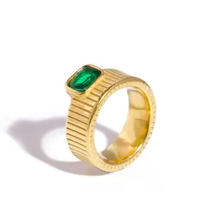 Chunky Emerald Green CZ Bezel Ring — Gold-Tone Stainless Steel Statement Band, Waterproof & Tarnish-Free, Women’s Fashion Jewelry Gift