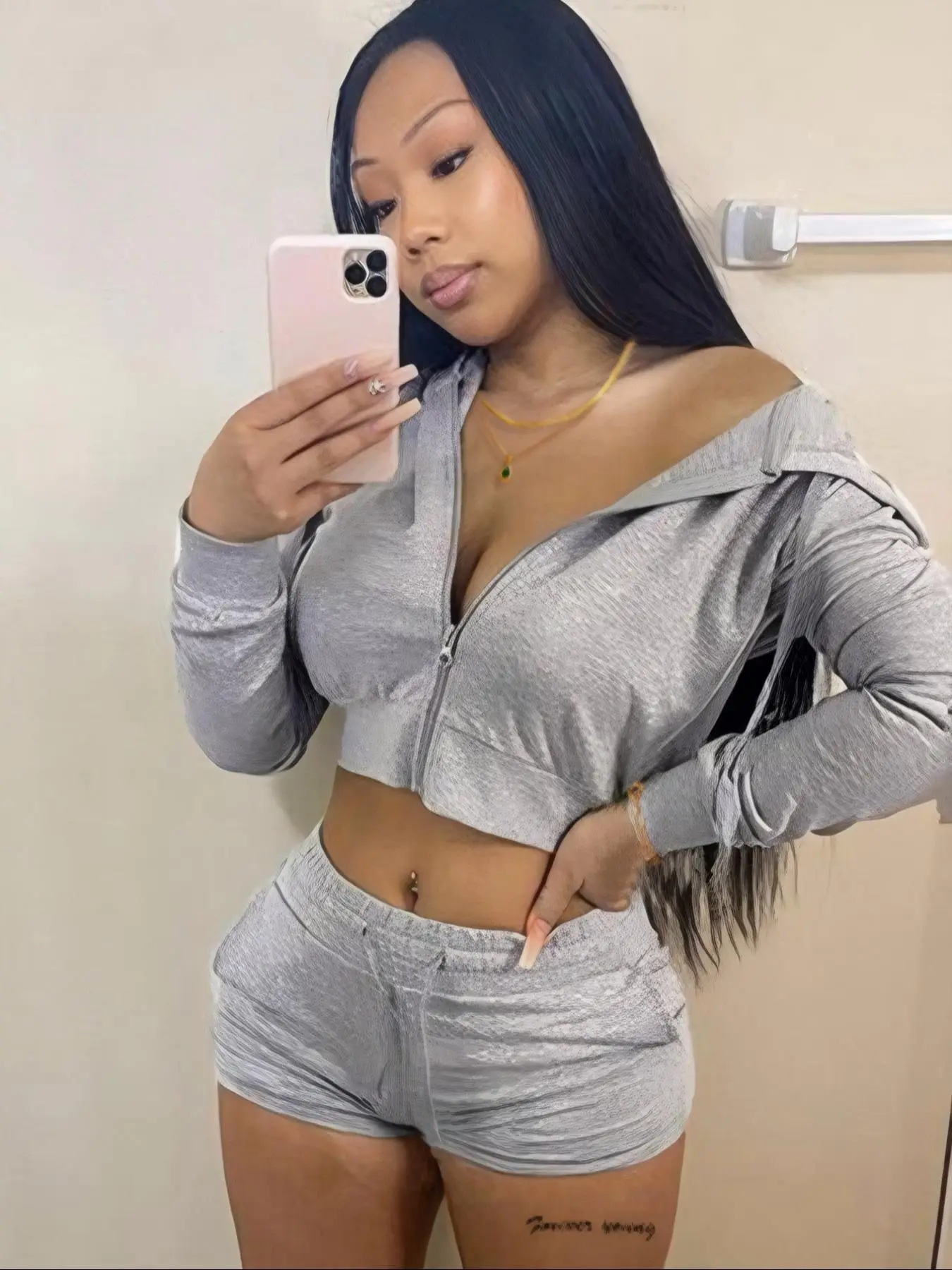 Two-piece Set Women's Solid Zip Up Crop Hoodie & Drawstring Waist Shorts Set, Long Sleeve Crop Top & Pocket Track Shorts, Two Piece Set Women, Casual