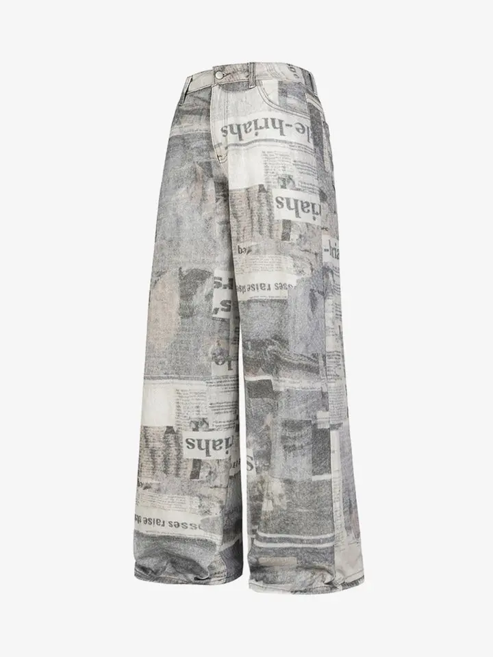 Thesupermade Graffiti Newspaper Print Baggy Jeans | Faded Wash Distressed Embroidered Streetwear Denim Men Women