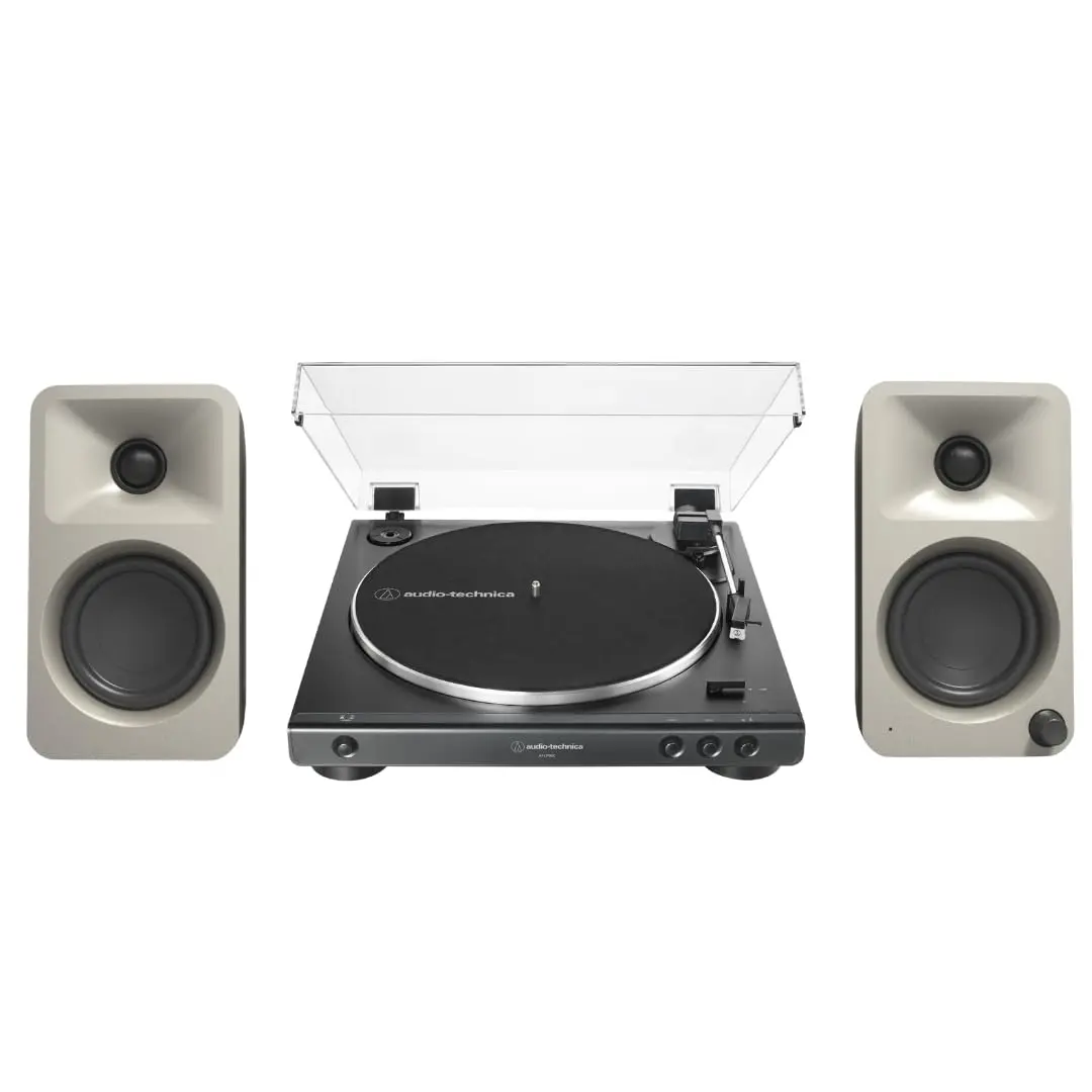 Kanto ORAME 100W Powered Reference Desktop Audio Speakers (Moon) with Amplifier, Bluetooth, Digital Connectivity & 60X-BK Fully Automatic Belt-Drive Vinyl Turntable Bundle
