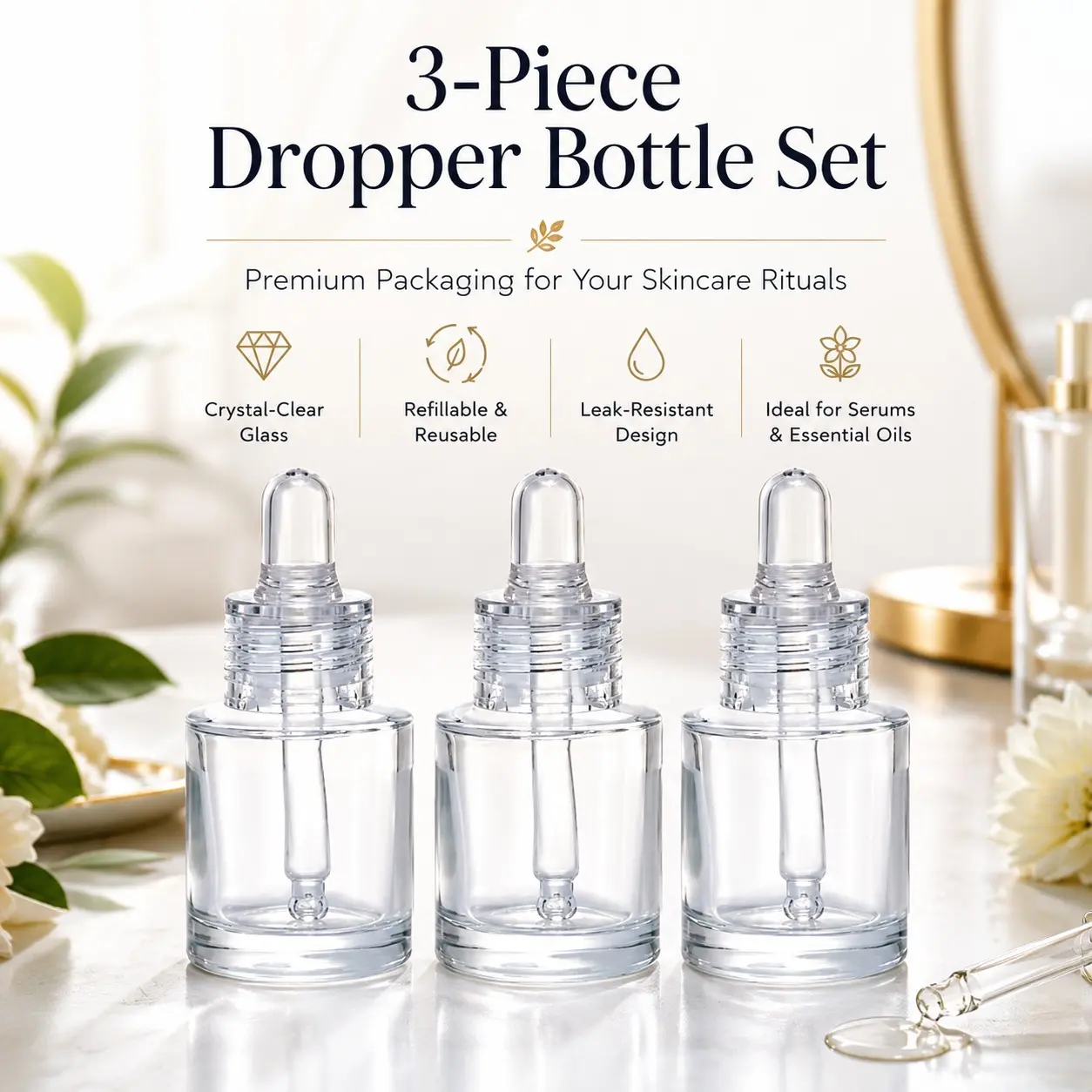 3 Pack Clear Glass Dropper Bottles Set for Serums, Facial Oils & Essential Oils, Refillable Skincare Containers, Ideal for Beauty Products