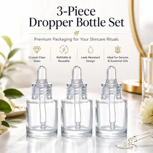 3 Pack Clear Glass Dropper Bottles for Serums, Facial Oils & Essential Oils, Refillable Skincare Containers, Ideal for Beauty Products