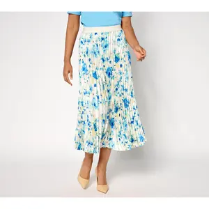 Susan Graver Petite Printed Satin Twill Pleated Midi Skirt