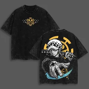 Trafalgar Law Washed Double Sided T-Shirt Vintage Anime Streetwear Tee Oversized Unisex Graphic Shirt One Piece Pirate Crew Apparel