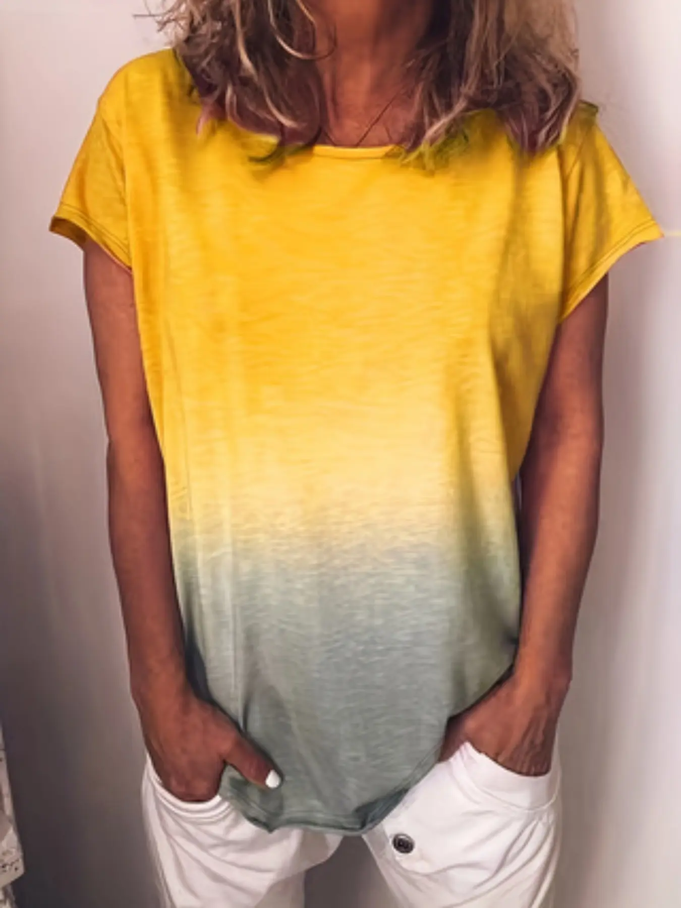 Plus Size Gradient Ombre Round Neck Short Sleeve T-Shirt, Loose Fit, All over Print, Casual Multicolor Top, European Style, Streetwear, Comfortable and Versatile, Summer, Casual Tops