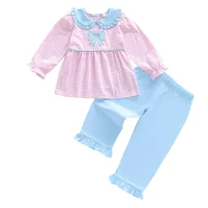 Kids Infant Toddler Baby Girls Outfits Bow Stripes Long Sleeve T-shirt Top Solid Pants Casual Clothes Smocked Outfits
