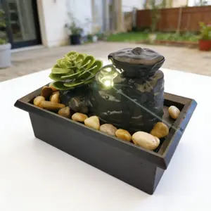 Desktop Water Flow Ornament, Circulating Water Fountain, New Oriental Rockery Cactus Landscape, Office Tea Table Feng Shui Wheel Gift