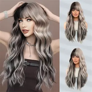 27inch Long Wavy Silver Grey Black Highlight Wig  Natural Heat Resistant Fiber Synthetic Curly Light Grey Black Ombre Wigs with Bangs for Women Girls Daily Party Chrismas Travel Used