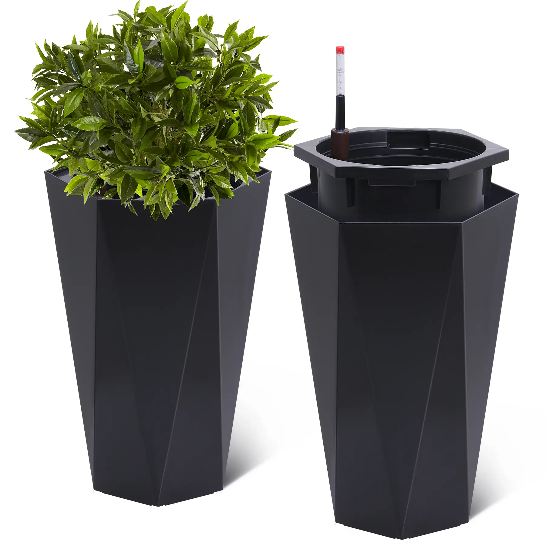 Tall Planters for Outdoor Plants, Large Taper Flower Plant Pots with Drainage Holes, Water Level Monitor & Automatic Watering, Outdoor Planter for Patio, Porch, Garden, Set of 2