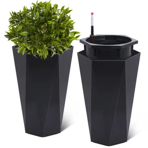 Self-Watering Diamond Tall Planters Set of 2 – 22.5" & 16" Large Resin Flower Pots with Water Level Monitor & Wheels – Indoor Outdoor Patio, Garden, Office – Classic White