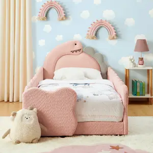 Twin Size Kids Bed with Dinosaur Headboard, Upholstered Boucle Fabric Twin Daybed with Slats Support & Side Pocket, Space-Saving Wooden Corner Sofa Couch Day Bed Frame for Girl, Boy, Teenager(Pink)