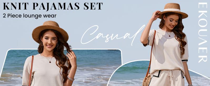 Women's warm autumn knitted two-piece comfortable set of short-sleeved pullover pajamas, casual nightwear, elasticated