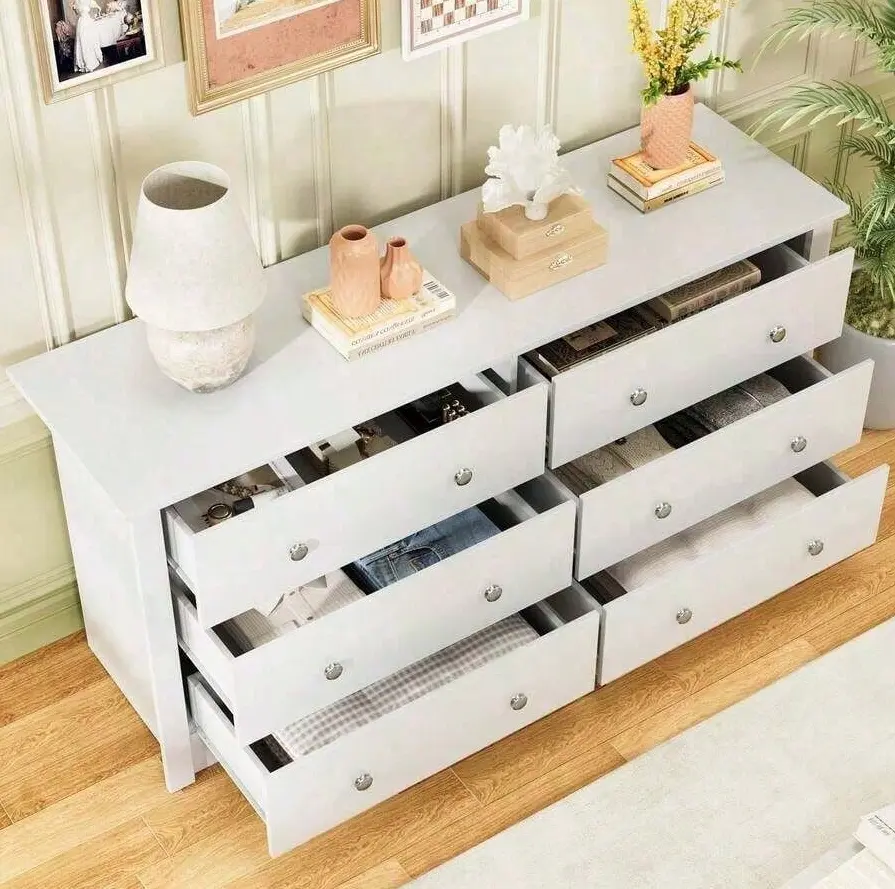 6-Drawer Wide Wood Double Dresser, Drawer Storage Cabinet, Dressers for Bedroom with Multi-Organization for Bedroom+Living Use