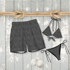 Tropical Floral Matching Swimsuits: His & Hers Charcoal Vacation Swimwear