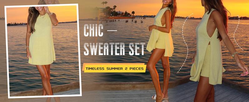 Mundoven Women's 2 Piece Outfits Summer Knit Sweater Set Sleeveless Tunic Top Matching Shorts Trendy Beach Vacation Sets Loungesetwomen Suits Clothes
