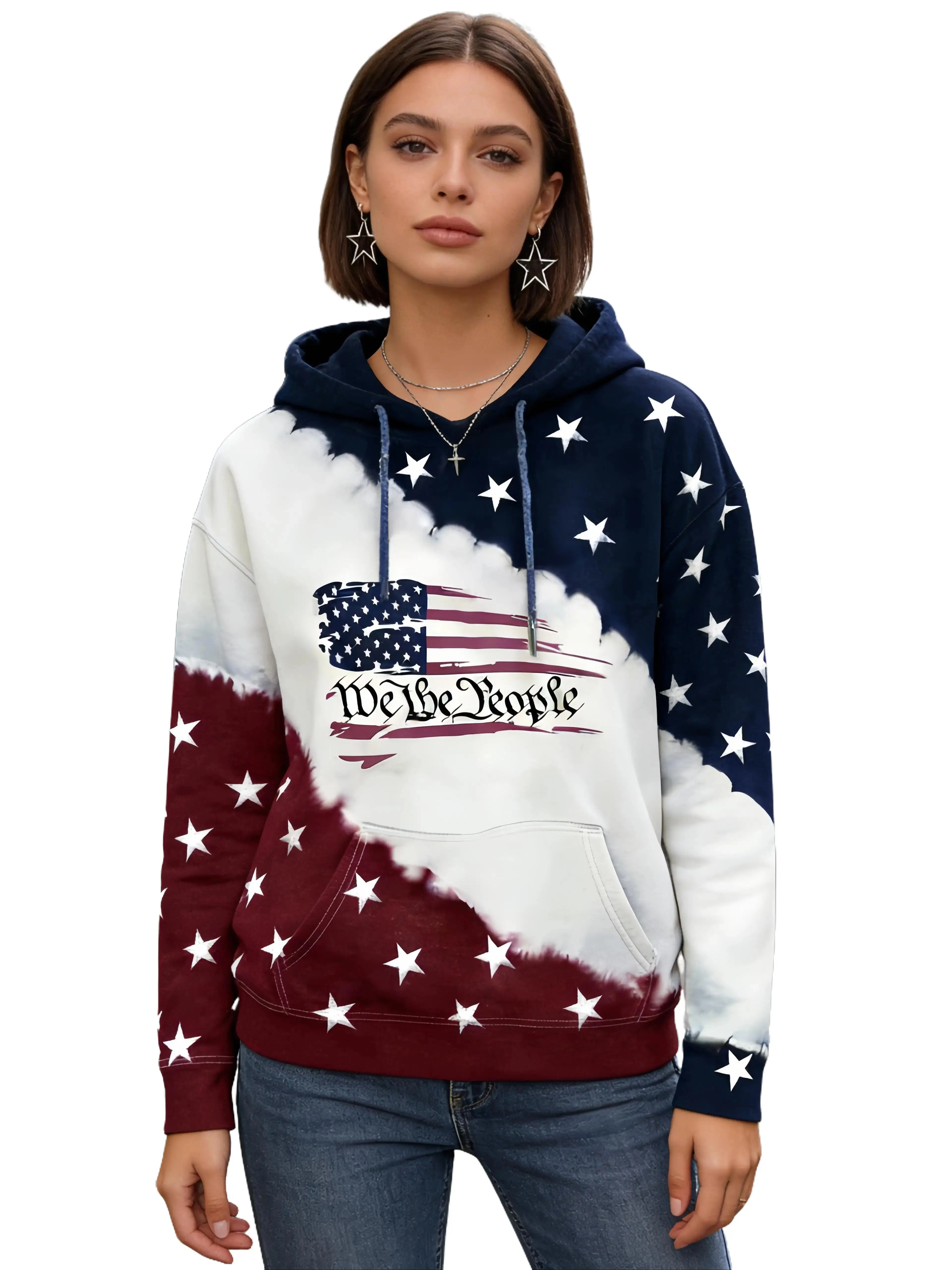 Women Western Ethic Hoodie Aztec Style American flag Print Graphic Sweatshirts Pullover Hooded Pullover Tops