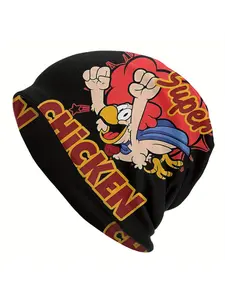 BIIHUDU Men'S Chicken Run Funky Beanie Hat - Black with Colorful Chicken Graphic, Stretchy Polyester Blend, Fun Novelty Cap f