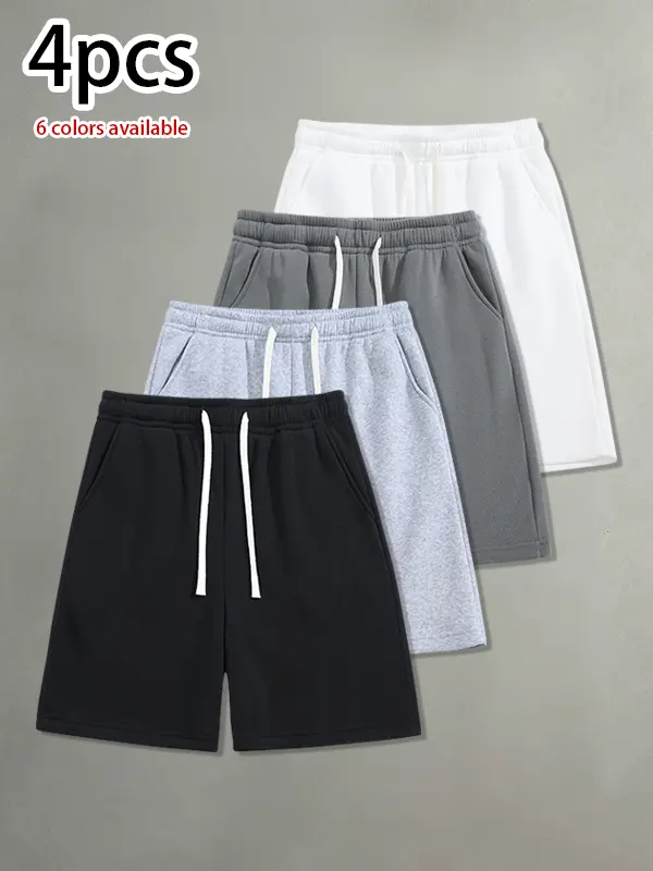 Pack of 4 men’s summer casual shorts featuring a drawstring elastic waistband, skin-friendly and breathable fabric, and a loose fit—ideal for everyday wear, leisure activities, sports, and fitness.summervibes
