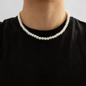 Simple Imitation-Pearl Beaded Short Choker Necklace for Men Trendy White Beaded Chains on Neck Accessories Fashion Jewelry