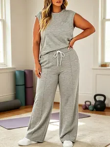 Women's Plus Size Loose Loungewear Set, Blended Sleeveless Top & High-Waisted Wide Leg Pants, Soft Casual Two-Piece Set for Curvy Women