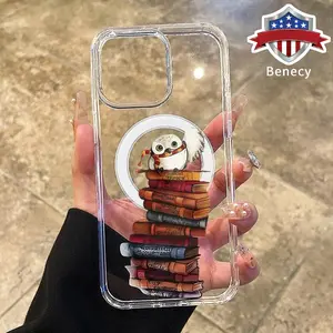 Magnetic Phone Case for iPhone 16 Pro Max 15 Plus 14 13 12 11 XR E XS Owl and Books Printed Clear Acrylic All Coverage Cover Support Wireless Charging for Girl