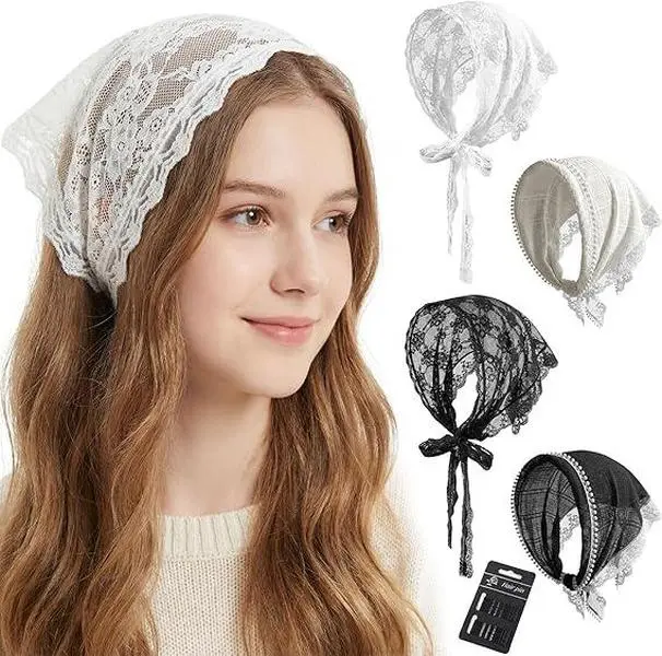 4 Pack French Vintage Lace Triangle Bandana Headscarves with 24 Black Clips, Breathable Thin Kerchief Hair Wrap in White & Black, Elegant Bridal Headband for Wedding, Vacation Picnic Photoshoot & Spring Summer Daily Hair Accessory