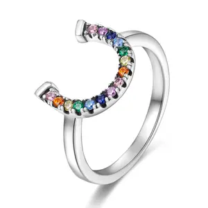 Rainbow U-Shaped Ring 925 Sterling Silver, Multicolor Rainbow Gems,For Pride Jewelry, Daily Wear Silver for Women