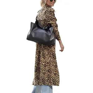 European Style Women's Leopard Print Trench Coat Loose Long Sleeve Casual Jacket