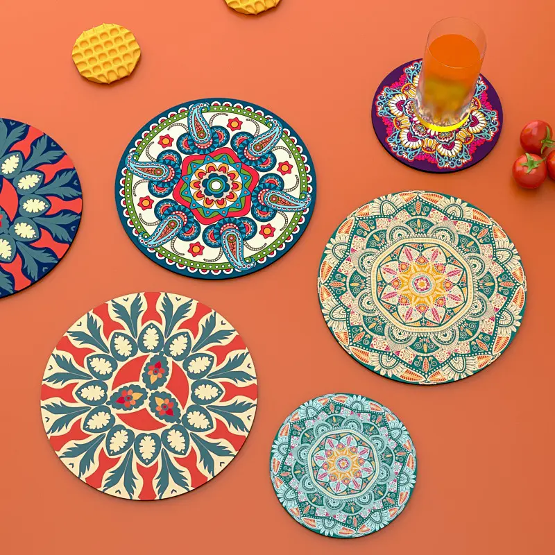 4 Pack Mandala Round Silicone Placemats Waterproof Oil Heat Resistant Non Slip Table Mats Decorative Boho Coasters Insulated Hot Dish Bowl Cup Pads for Kitchen Dining Table Home Decor