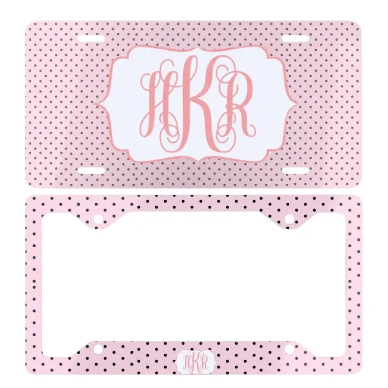 Personalized Monogram License Plate and Frame Pink Polka Dot Custom Initials Cute Car Tag Decor Gift for Women