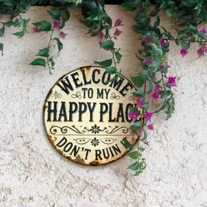 Wall Decor Metal Sign 8*8inch/12*12inch – “Welcome to My Happy Place” Round Vintage-Style Wall Art for Bedroom, Kitchen, Dining Room & Bar – Unique Multicolor Home & Office Gift Decorative Plaque Print Tin Lightweight