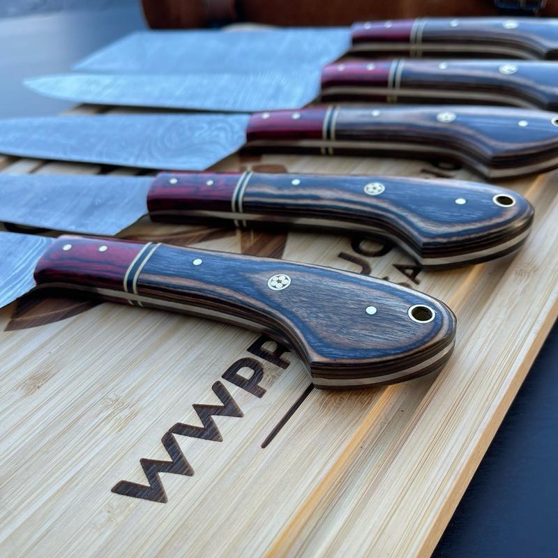 Handmade Damascus Kitchen Knife Set - 5 Pcs with Leather Roll Bag - High-Quality Craftsmanship - Block knife set