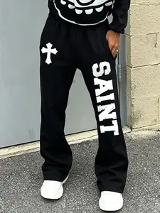 Unisex Street Style Saint Print Camo Pants, Fitted Long Trousers for All Seasons, Casual Daily Wear, Y2K Fashion, Men's Gift