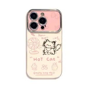 Cute "Hot Cat" Doodle Phone Case, Electroplated Edge Soft Silicone Cover with Camera Protection, Shockproof Full-Body Protective Case for iPhone X to iPhone 17 Pro Max