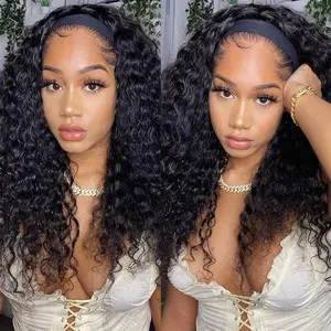 Headband Human Hair Deep Wave Wig Ready To Wear Glueless Full Machine Made Kinky Curly Wig  Brazilian Remy Human Hair For Black Women Cheaper Natural Wig