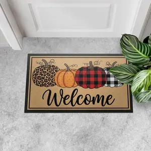 Fall Welcome Mat, Plaid Pumpkin Doormat, Leopard Print Halloween Decor, Farmhouse Autumn Porch Sign, Front Door Mat