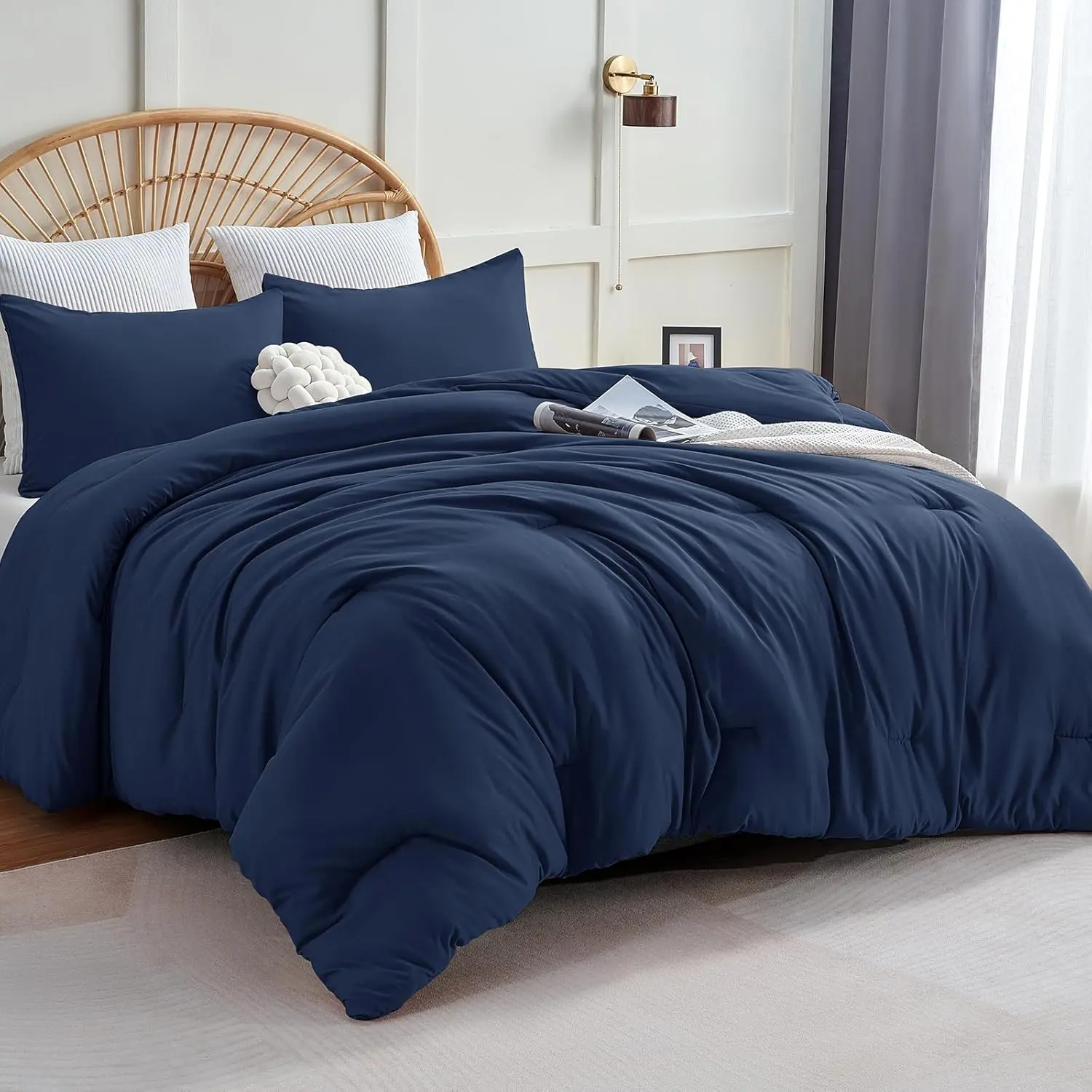 Navy Blue Comforter King Size, 3 Quilted Style Sets, Fluffy Microfiber Comforter for (1 Comforter  2 Pillowcases)