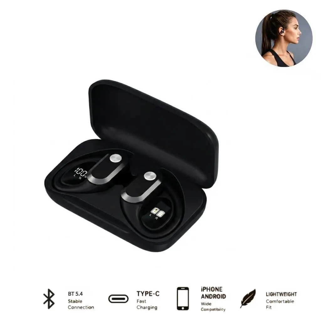 S1 Wireless Ear Hook Bluetooth 5.4 Earbuds, LED Battery Display, HiFi Stereo Sound Sport Headphones with Mic, Long Battery Life, Low Latency Earphones for Running, Gym Workout, iPhone, Android Devices