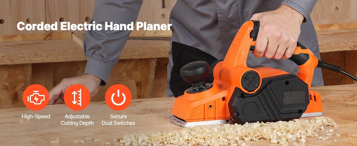Electric Hand Planer 3-1/4-Inch Cut Width, 7 Amp 14500 RPM Corded Power Handheld Planer for Woodworking, Adjustable Cutting Depth, 2 Replacement Blades, Chamfering and Smooth Finish for DIY Carpentry Projects
