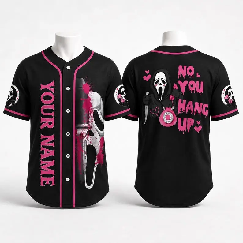 Personalized Ghostface Baseball Jersey, Custom Name Pink Horror Shirt, No You Hang Up Slasher Jersey, Halloween Movie Fan Gift