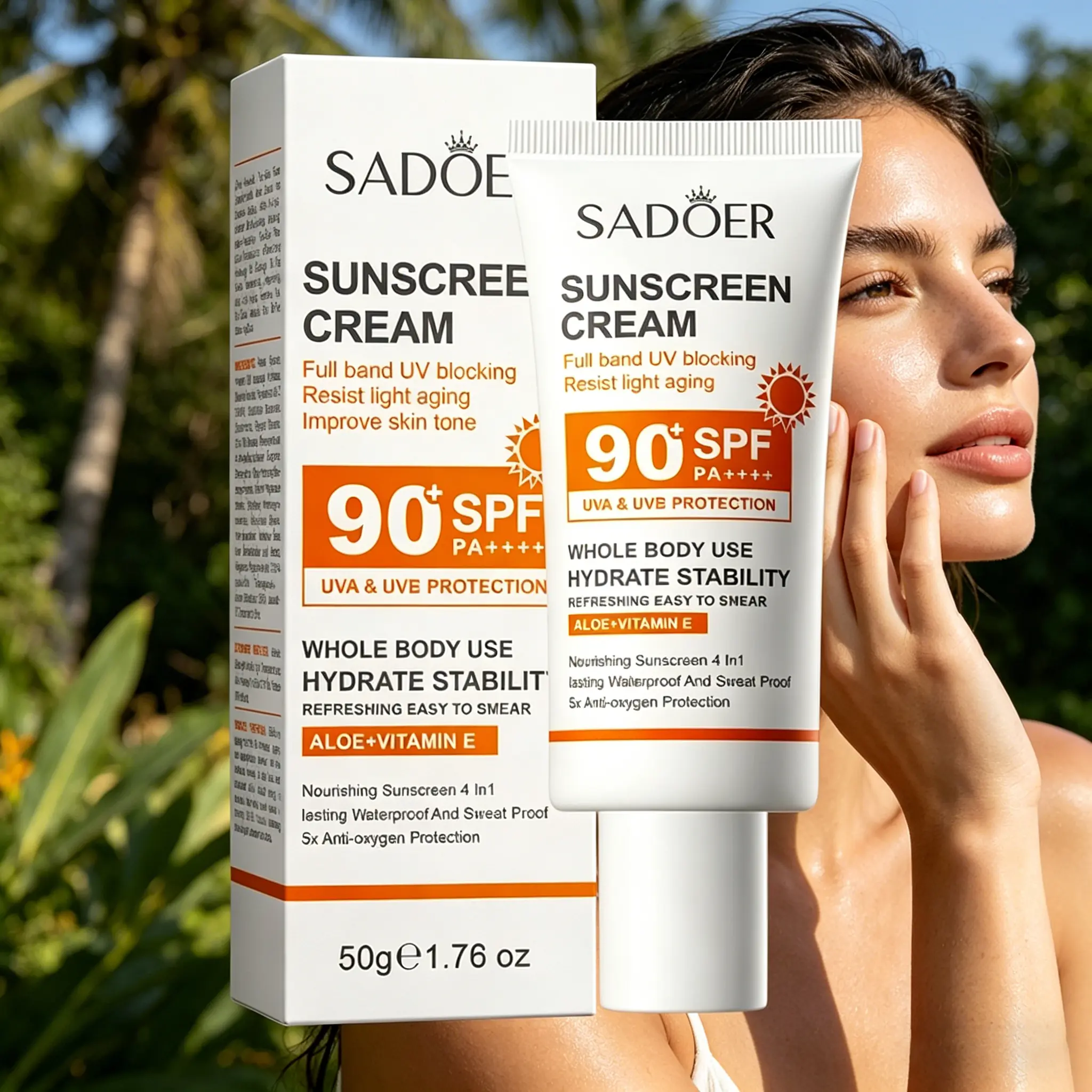 SADOER SPF 90+ PA++++ Sunscreen Cream with Aloe Vera & Vitamin E, Waterproof, Full-Body UVA/UVB Protection, Sweat-Resistant, Anti-Aging Hydrating Sunblock for All Skin Types