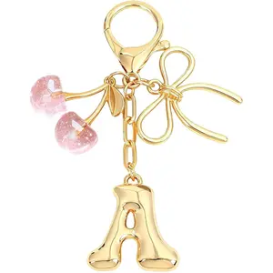 Bubble Initial Keychain with Bow & Cherry - Gold Letter Bag Charms for Women, Cute Purse Handbag AccessoriesValentine's Day gift