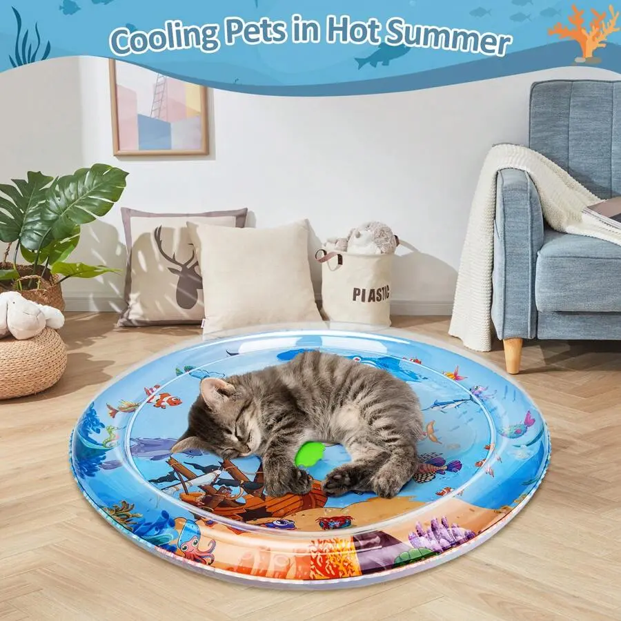 2025 New Thick Rectangular Cat Water Sensory Game Mat with Shapes, Cartoon Characters, Realistic Fish Toy, Cooling Pad Tech, Indoor-Outdoor Use, Easy to Use & Store, Garden Hose-Oil Pipe Compatible