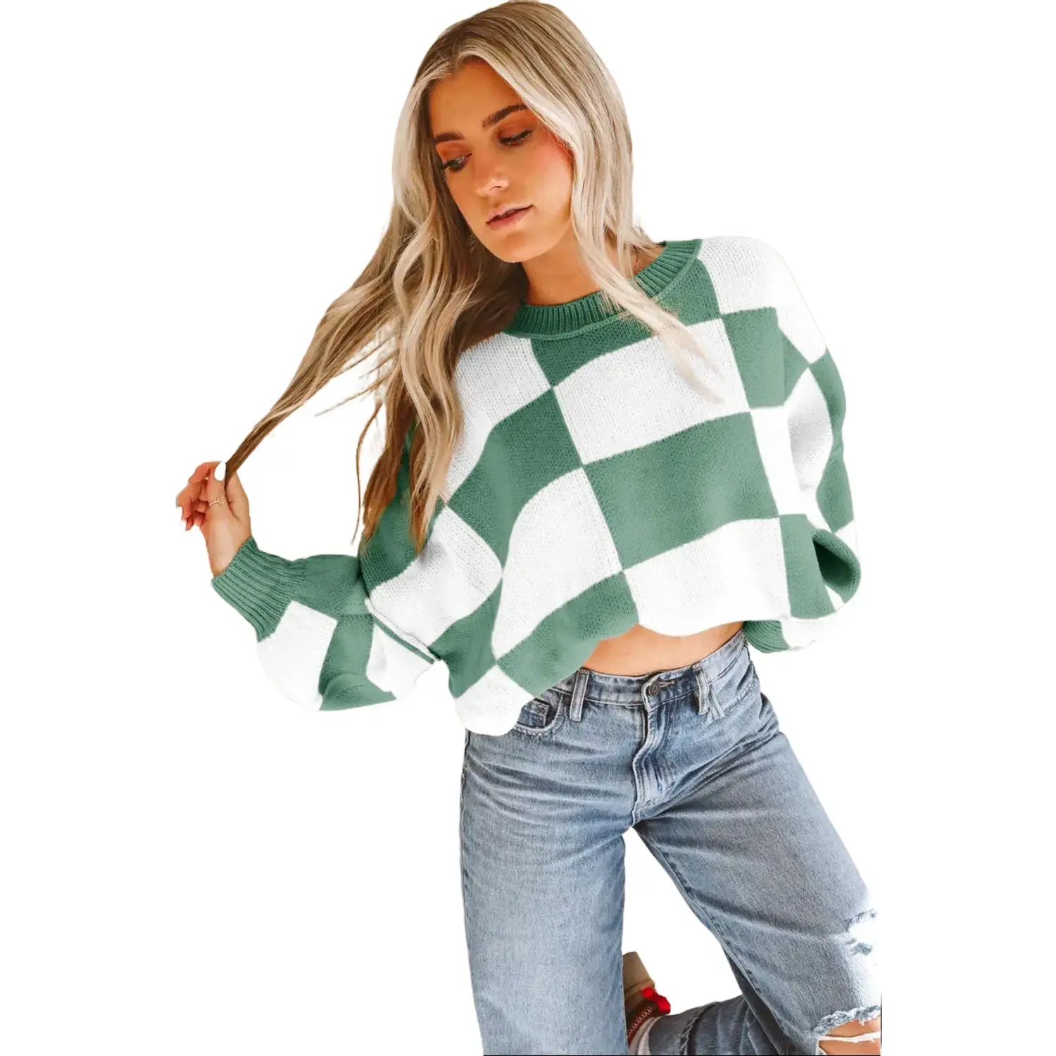 Green Checkered Bishop Sleeve Sweater