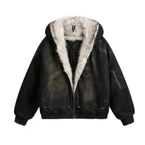 Men's American street washed denim padded cotton jacket, winter fleece - lined outerwear, men's wasteland - style cotton coat Patchwork Hooded  men leatherjacket couple sweatshirt