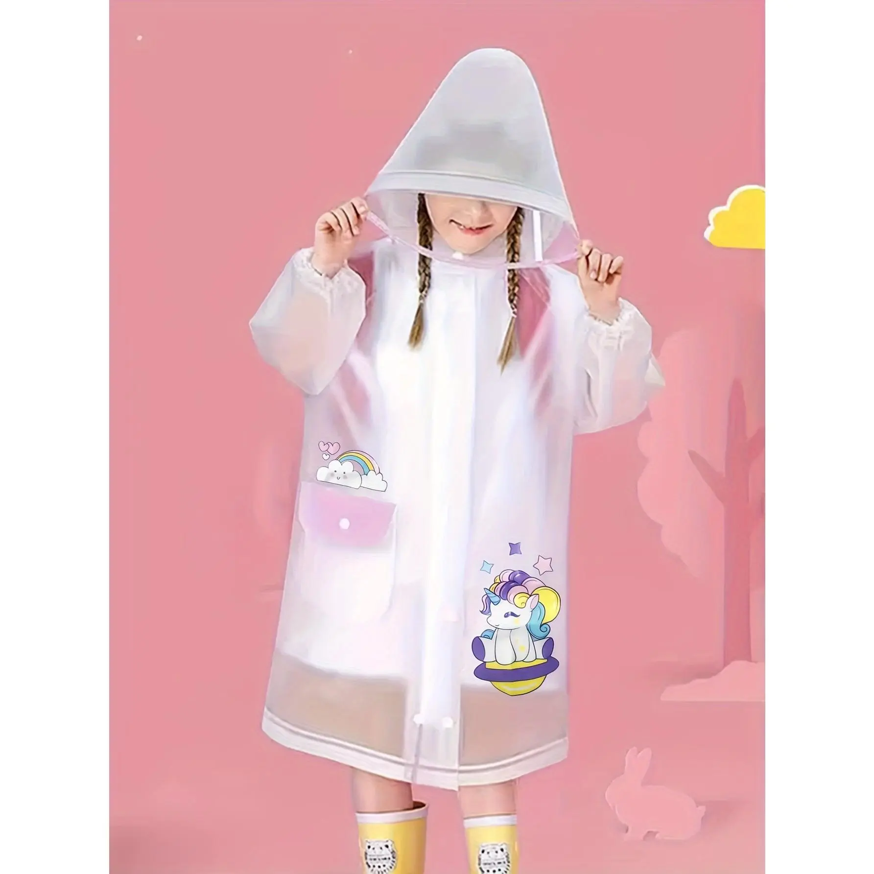 Semi-transparent Unicorn Raincoat With Zipper & Snap Buttons Closure, Cute Cartoon Functional Brim Hooded Rain Jacket With Large Schoolbag Position Outdoor Sports Hiking Poncho