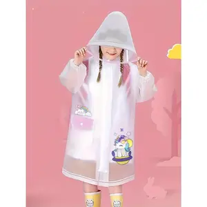 Semi-transparent Unicorn Raincoat With Zipper & Snap Buttons Closure, Cute Cartoon Functional Brim Hooded Rain Jacket With Large Schoolbag Position Outdoor Sports Hiking Poncho