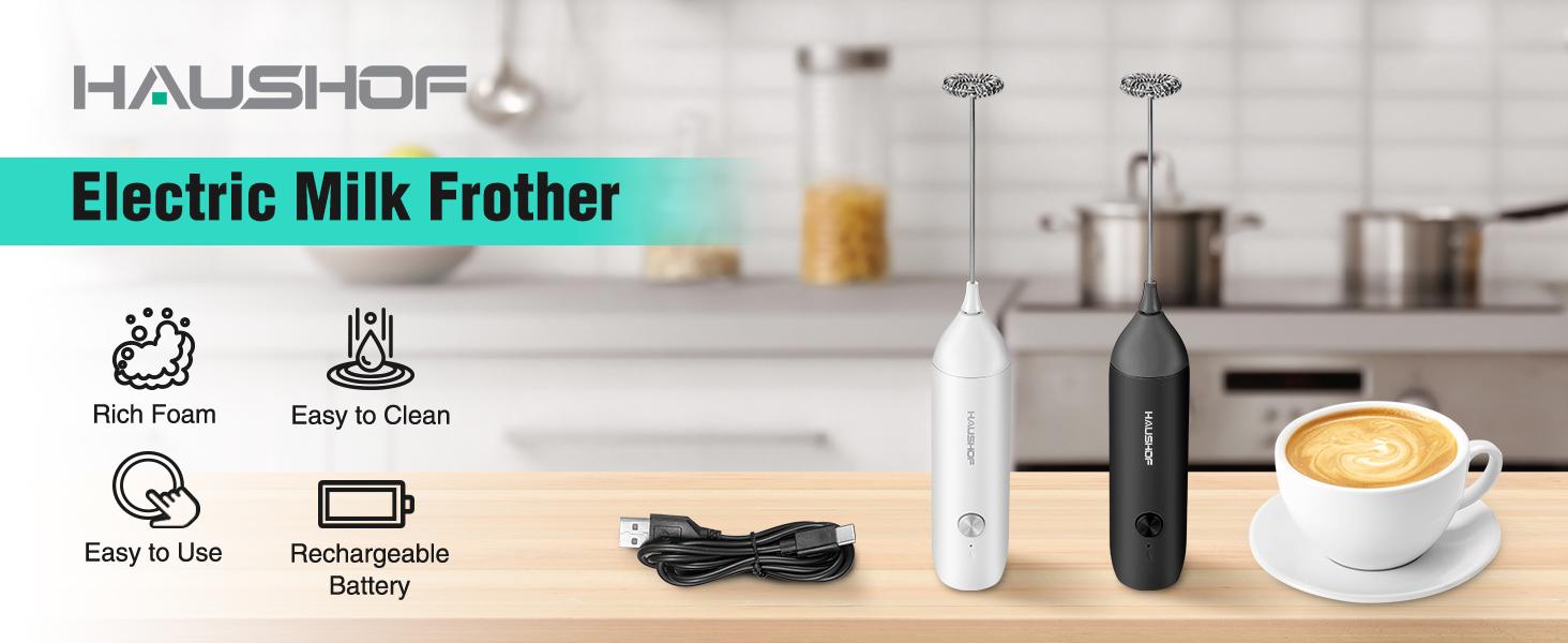 #backtoschool HAUSHOF Powerful Rechargeable Milk Frother Wand, Handheld Electric Foam Maker, Drink Mixer with Detachable Stainless Steel Whisk for Coffee Latte, Cappuccino, Matcha, No Stand, White