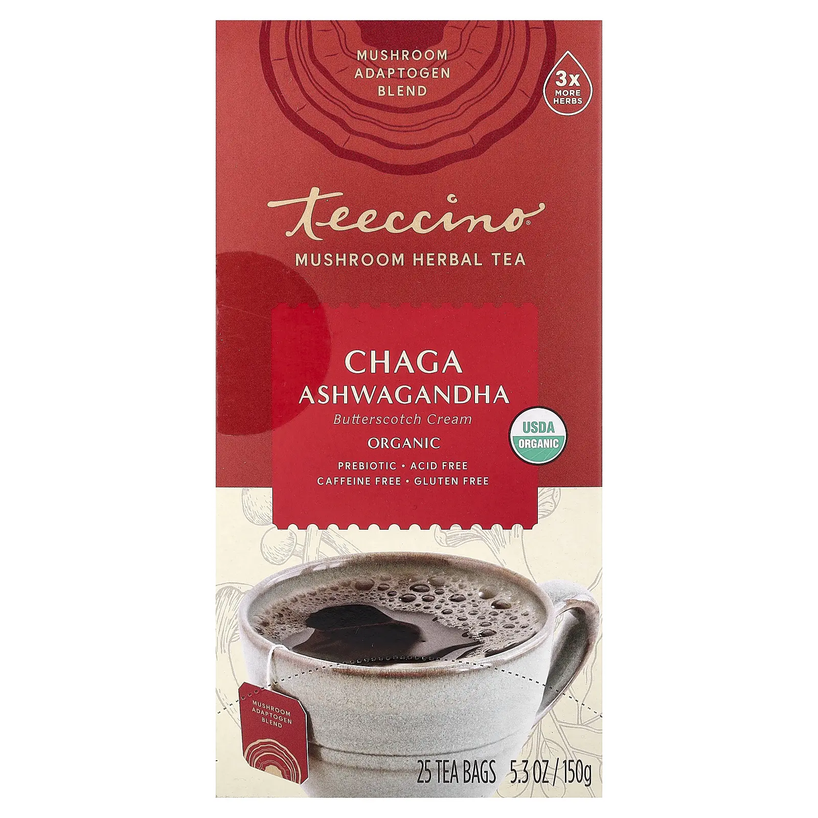 Teeccino Organic Mushroom Herbal Tea, Chaga Ashwagandha, Butterscotch Cream, Caffeine Free, 25 Tea Bags, 5.3 oz (150 g)